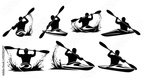 dynamic silhouettes of kayakers paddling vigorously through water creating energetic splashes and depicting powerful water sports action.