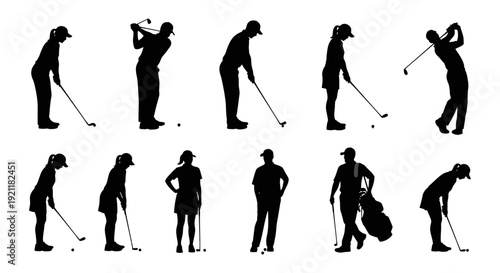 dynamic silhouettes of male and female golfers playing depicting various swing and putting actions ideal for sports and leisure design.