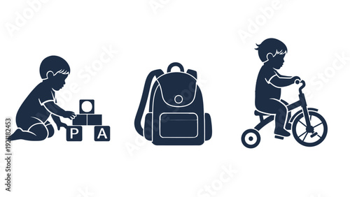 early childhood education baby playing blocks school backpack toddler on tricycle representing learning and growth.