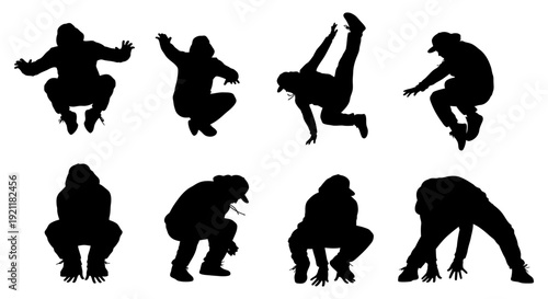 dynamic silhouettes of young male breakdancers showcasing energetic hip hop street dance moves isolated on white symbolizing urban culture.