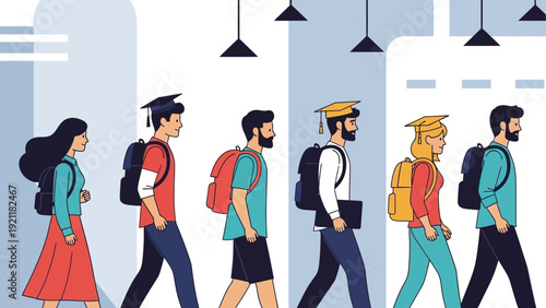 education journey diverse students and graduates with backpacks walking symbolizing academic success and career progression.