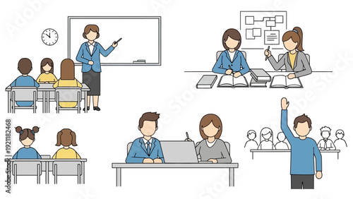 educational visuals of students and teachers engaged in classroom learning studying and teaching depicting academic activities and school life.