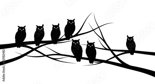 eight owl silhouettes perched on stylized tree branches in a minimalist black and white graphic design ideal for nature themes education or halloween.