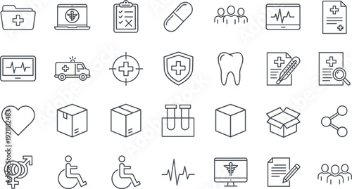 Healthcare medical line icons collection, hospital ambulance pharmacy record heart monitor insurance clinic symbols editable vector outline set