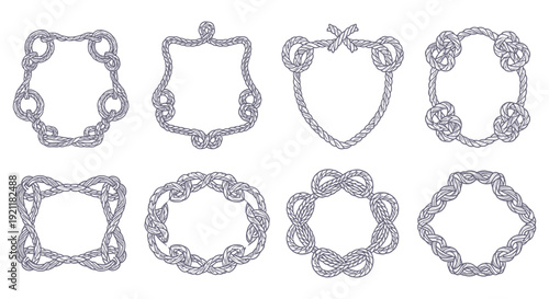 eight nautical rope frames with intricate knot patterns and decorative borders isolated on white perfect for marine design elements sailing and coastal themes.
