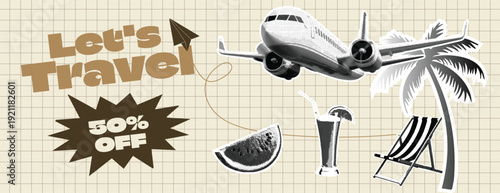 Retro Vintage Pop Art Comic Style Halftone collage Travel Agency Banner Template for summer vacation banner Let's travel banner design with airplane, palm tree, beach chair and refreshing drink