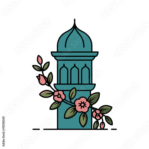 A teal minaret is adorned with pink roses and green leaves.