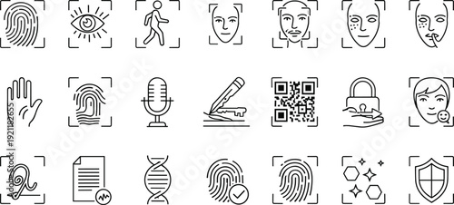 Biometric authentication line icons set, facial recognition fingerprint scan voice ID retina eye QR code security verification vector outline collection isolated background