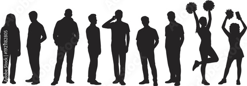Set of young people silhouettes standing and cheering, black youth figures isolated on white background illustration collection