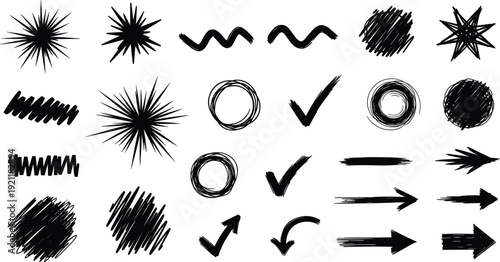 A collection of 16 unique black ink brush stroke and arrow vector graphics for creative design projects and artistic expressions