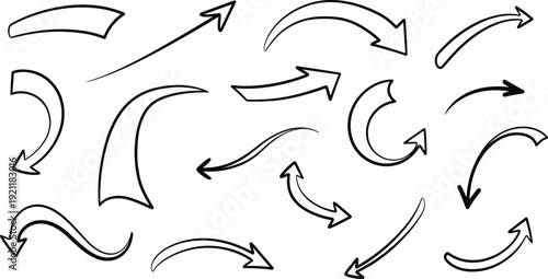 A collection of various black arrows on a white background pointing in different directions