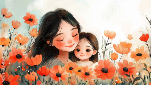 illustration of a mother and daughter sitting among flowers