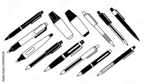Diagonal layout of black and white vector pens with calligraphy, gel, and highlighter designs for clean illustrations