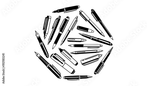 Stylized circular vector arrangement of black and white pens including fountain, marker, and ballpoint for modern illustrations