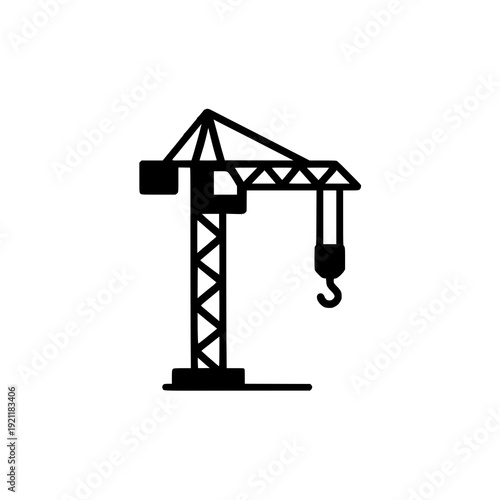 A black and white illustration of a tower crane in operation with a suspended hook.