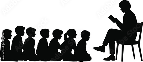 Silhouette teacher reading book to attentive children sitting in classroom, storytelling education concept, early childhood learning and literacy development scene inspirational illustration