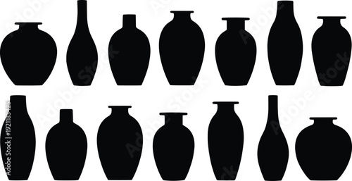 Ceramic vase silhouette collection, traditional pottery jar shapes vector set, black isolated home decor container icons on white background for design