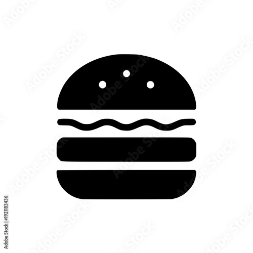 Simple black and white illustration of a classic cheeseburger with sesame seed bun