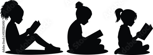 Silhouettes of girls sitting and reading books, black children isolated on white background education and literacy concept illustration