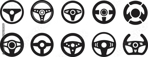Steering wheel silhouettes collection, car dashboard control icons set isolated on white background, automotive design element illustration