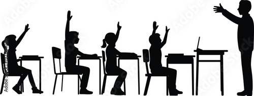Teacher and students in classroom silhouettes, children raising hands at desks during lesson, education concept illustration isolated on white background