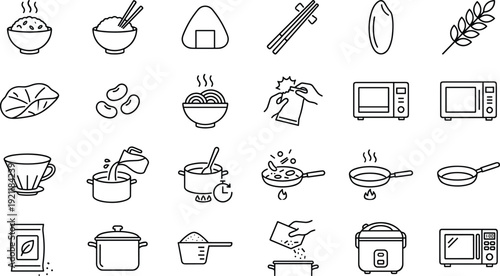 Cooking and rice preparation line icons set, kitchen utensils food ingredients microwave pan pot vector outline collection isolated on white background