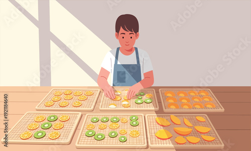 Arranging sliced fruits on drying racks