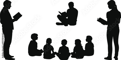 Teachers reading books to children silhouettes collection, classroom storytelling session with students sitting and listening, education concept illustration isolated on white