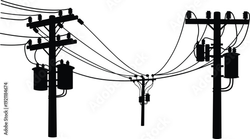 Silhouette illustration of utility poles with transformers, insulators, and overhead power lines, electrical distribution infrastructure vector design, energy network concept art