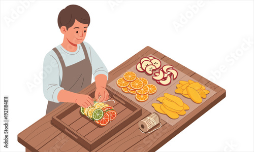 Tying assorted dried fruit slices in a bundle