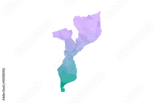 Mozambique Map Polygon Style Vector Illustration in Purple and Cyan Gradient, Low Poly Geometric Design, Isolated on White Background for Infographics and Projects.