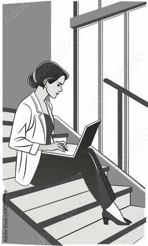 Woman sitting on stairs looking down in a thoughtful pose.