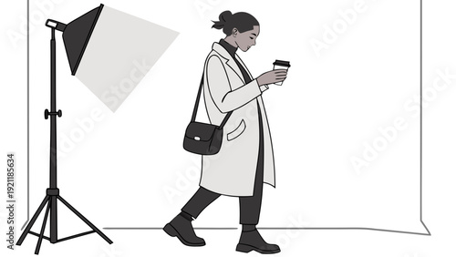 Woman walking in a studio with a softbox light.