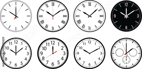A comprehensive collection of eight distinct clock faces, featuring classic Roman and modern Arabic numerals, perfect for illustrating time.