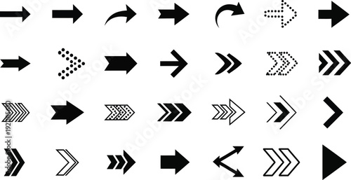 A versatile collection of black arrow icons, illustrating various directions and styles on a clean white background. Ideal for design.