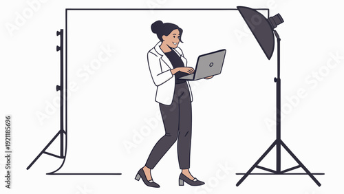 Woman working with laptop in a photo studio setup.