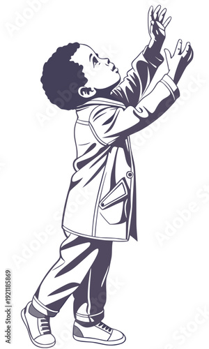 Young child reaching up with hands in a hopeful gesture.