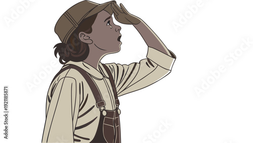 Young child in overalls and cap looking into the distance with hand shading eyes.