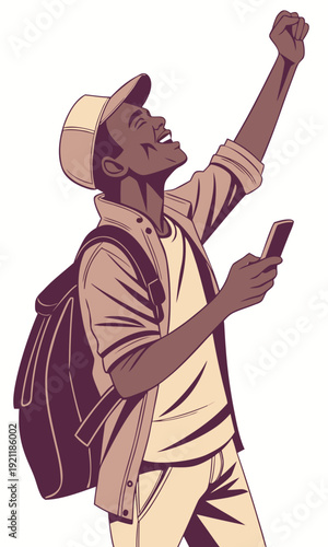 Young man with backpack and phone celebrating success.