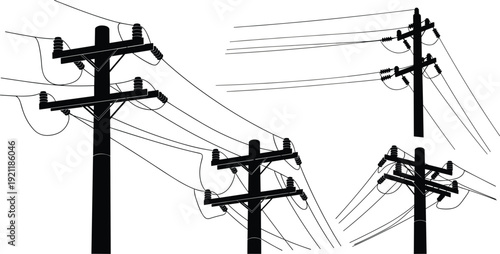 Silhouette illustration of utility poles, electrical power lines, infrastructure network, distribution system, urban energy supply, engineering concept, electricity transmission, vector art design