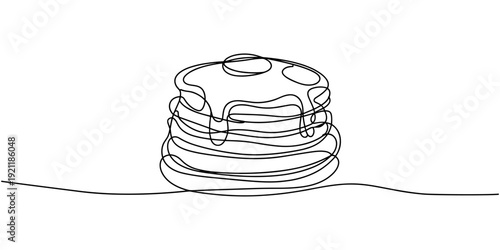 Continuous one line drawing of a tall stack of pancakes drizzled with dripping syrup. Vector illustration hand drawn. one line Icon drawing