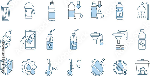 Drinking water and beverage line icons set, reusable bottle filtration purification temperature control hydration safety vector outline collection isolated on white background