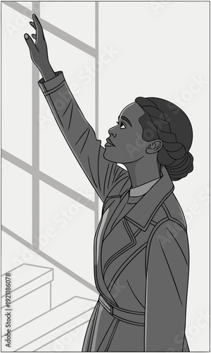 Young woman reaching up looking hopeful and determined.