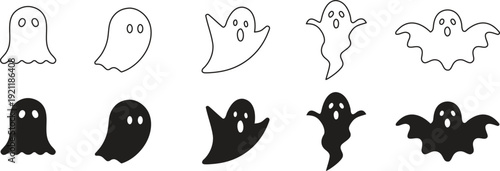 Cute ghost doodle set in black and white. Halloween spirit characters in playful outline style. Fun vector icons for stickers, party, and seasonal design.