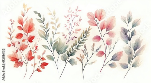 delicate watercolor sprigs and leafy branches with translucent pastel leaves in red, pink, green and blue evoking calm serenity
