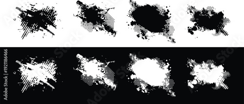 Ink splatter blot set in black and white. Grunge paint splash textures for artistic backgrounds. High contrast vector elements for posters, banners, and design.