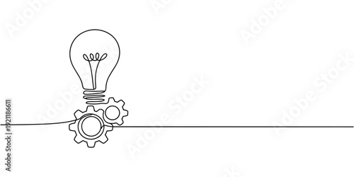 Continuous one single line drawing innovation Light bulb and gears inside icon vector illustration concept, One single line drawing of lightbulb with metal gear wheel inside for machine company logo.