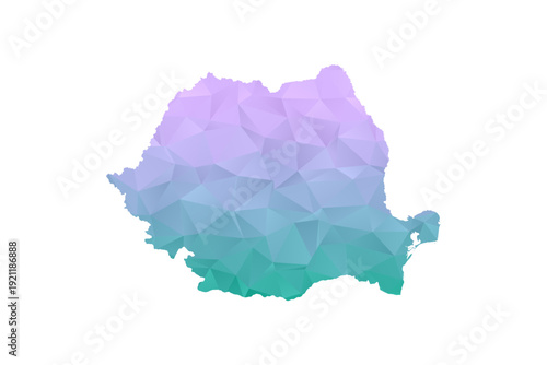 Romania Map Polygon Style Vector Illustration in Purple and Cyan Gradient, Low Poly Geometric Design, Isolated on White Background for Infographics and Projects.
