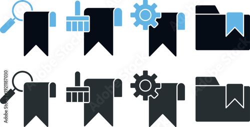 Bookmark Icons With Magnifying Glass Brush And Gear