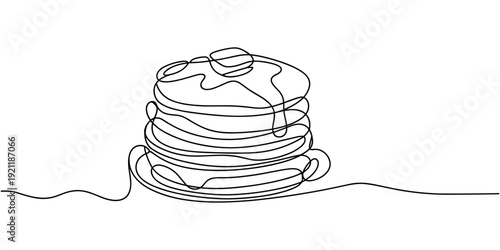 Continuous one line drawing of a tall stack of pancakes drizzled with dripping syrup. Vector illustration hand drawn. one line Icon drawing
